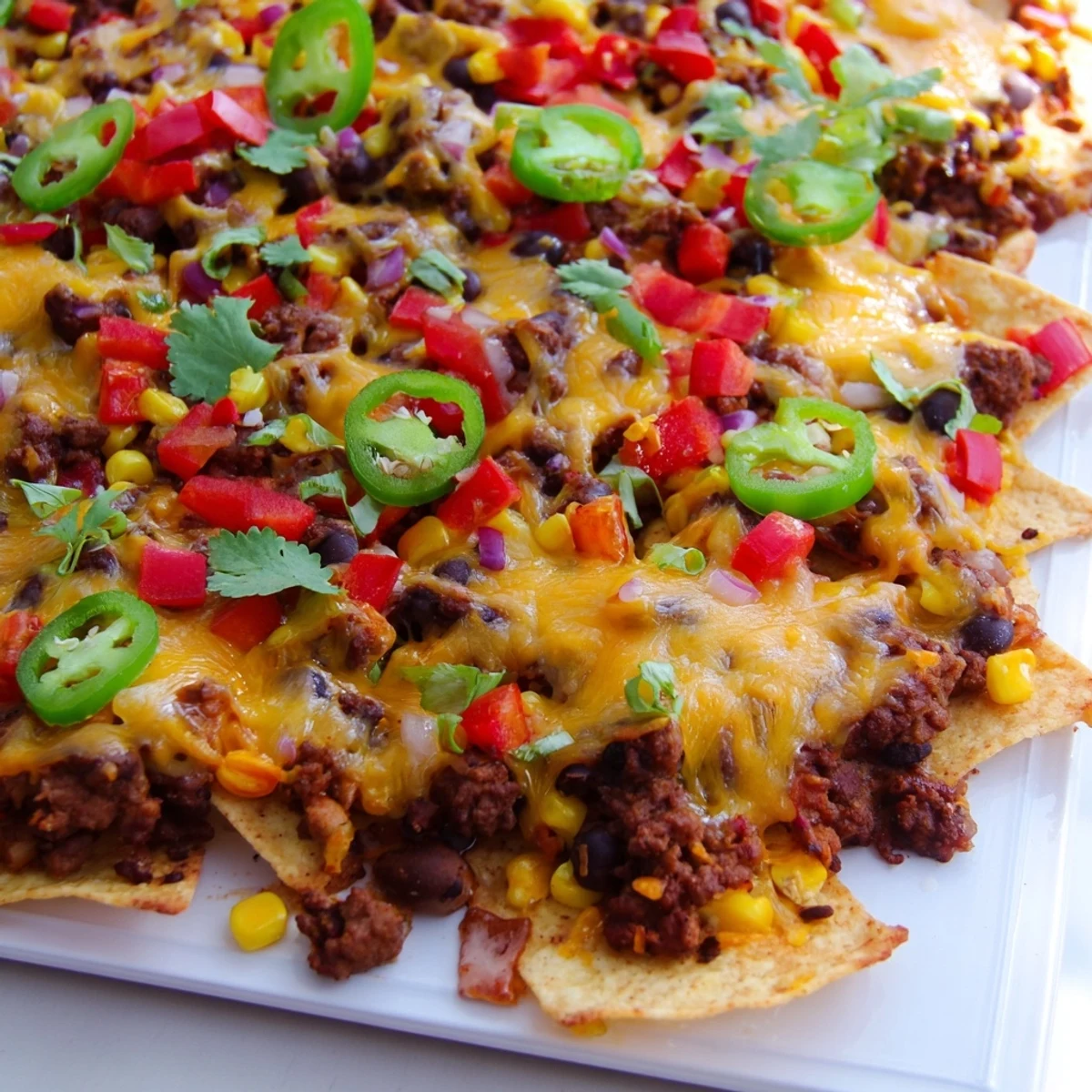 A close-up of a hot Family Nachos Tray Bake fresh from the oven, loaded with seasoned ground beef, corn, and fresh cilantro leaves.
