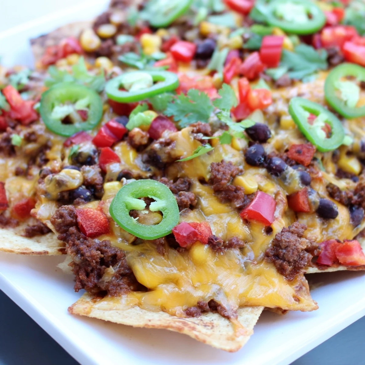 Steam rises from a large Family Nachos Tray Bake served with bowls of guacamole, sour cream, and salsa for a family game night.
