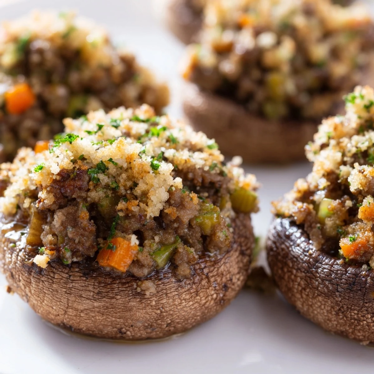 A close-up of Savoury Mince Stuffed Mushrooms filled with beef and vegetables on a serving platter.