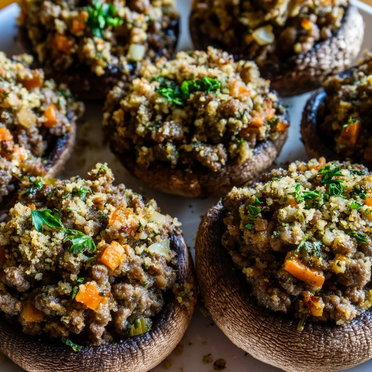 Golden-baked Savoury Mince Stuffed Mushrooms topped with herb breadcrumbs on a rustic wooden board.