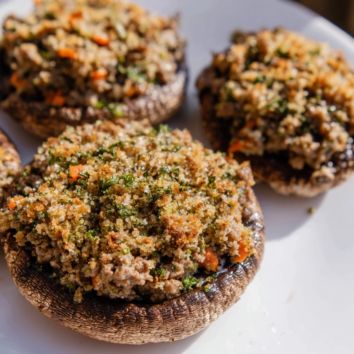 Savoury Mince Stuffed Mushrooms served warm as an appetizer with fresh parsley garnish.