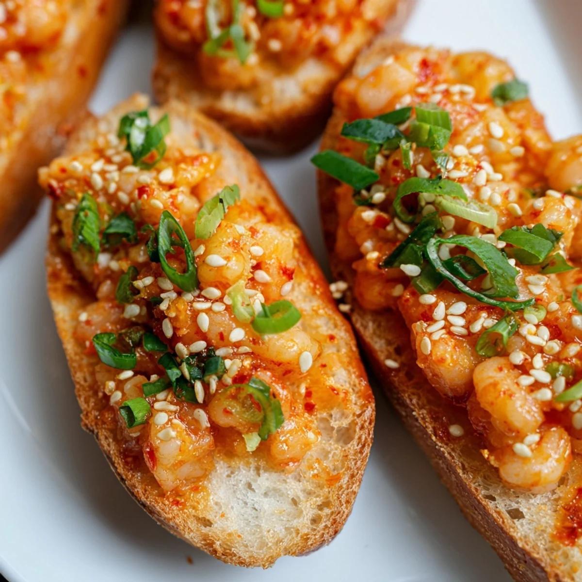 Golden-brown Vietnamese Cajun Shrimp Toast with spicy shrimp mixture, cilantro, and lime on a rustic wooden board.