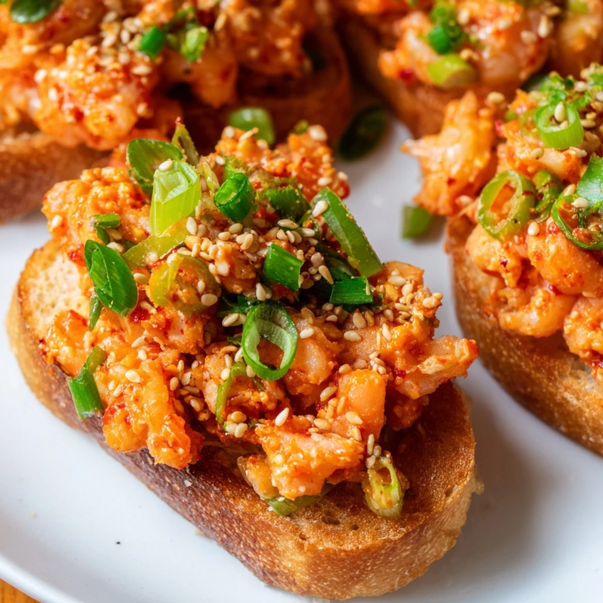 Crispy baked Vietnamese Cajun Shrimp Toast served warm with green onions and sesame seeds, perfect for parties.