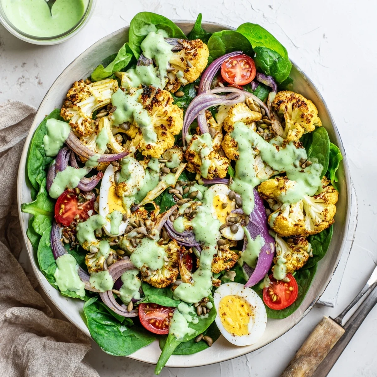 A close-up of the Roast Cauliflower and Egg Salad with Avocado Dressing showing golden florets and halved eggs.