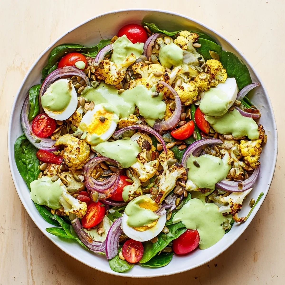 Roast Cauliflower and Egg Salad with Avocado Dressing plated on a white dish with spinach and red onion slices.
