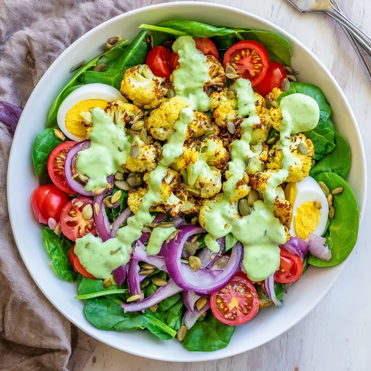 Overhead view of the Roast Cauliflower and Egg Salad with Avocado Dressing drizzled with creamy green sauce.