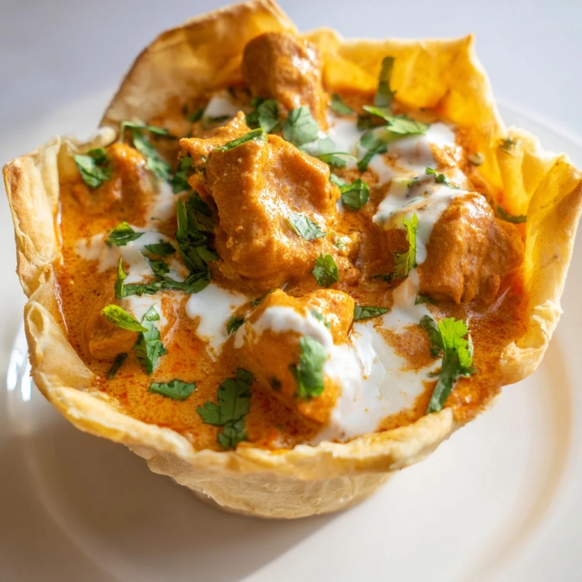 Golden roti bowl filled with tender butter chicken and topped with fresh cilantro, sliced red onion, and a creamy dollop of yogurt.
