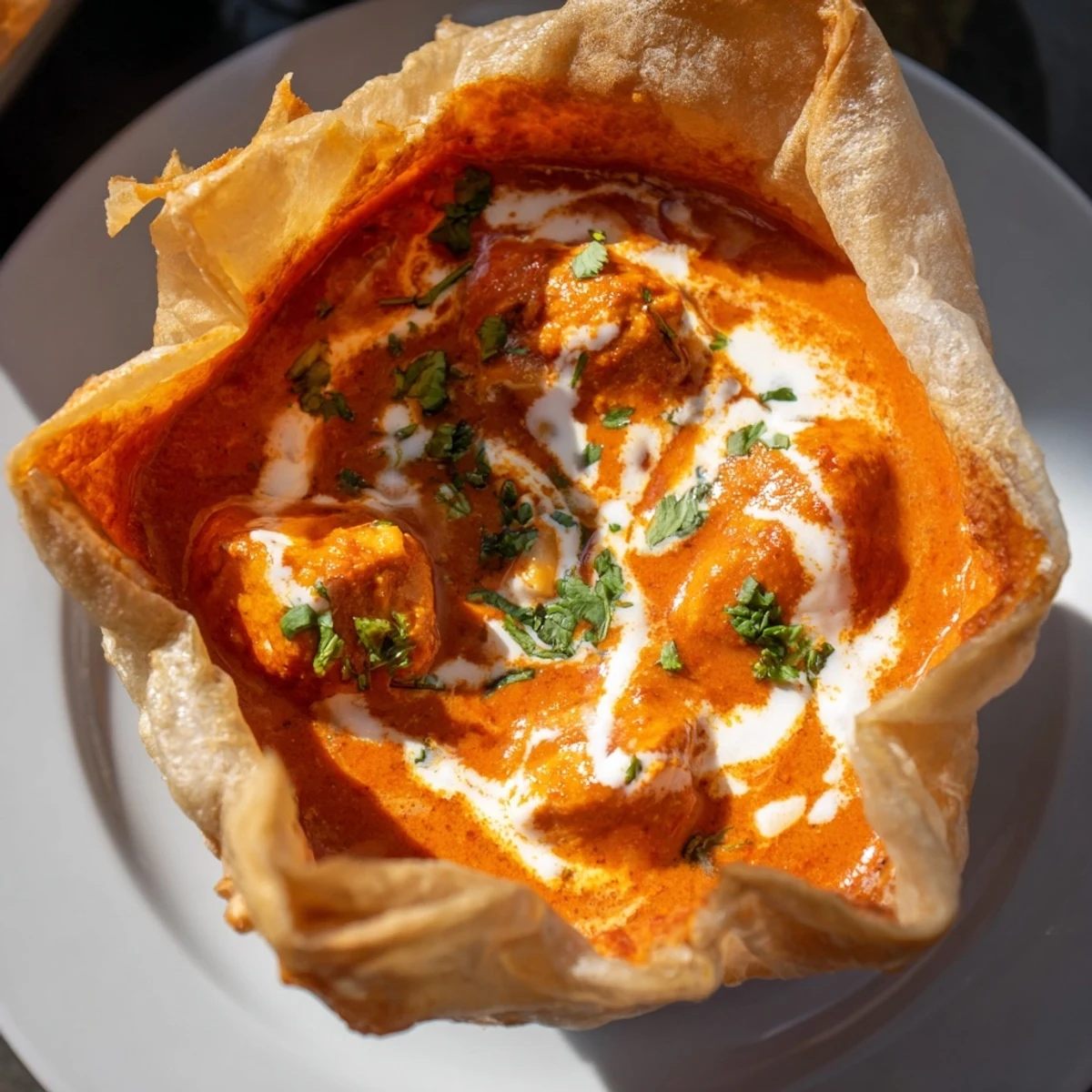Vibrant Indian fusion butter chicken roti bowls are garnished with herbs and a lemon wedge, ready for a comforting dinner.