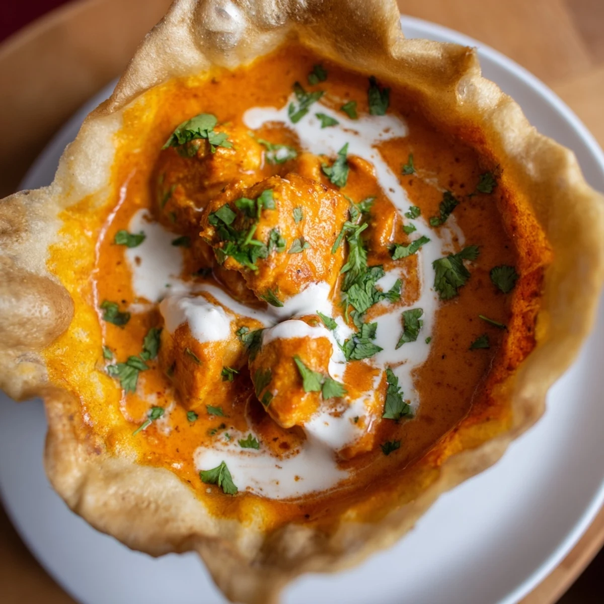 Steaming butter chicken roti bowls are arranged on a plate with a side of cooling yogurt and fresh toppings.
