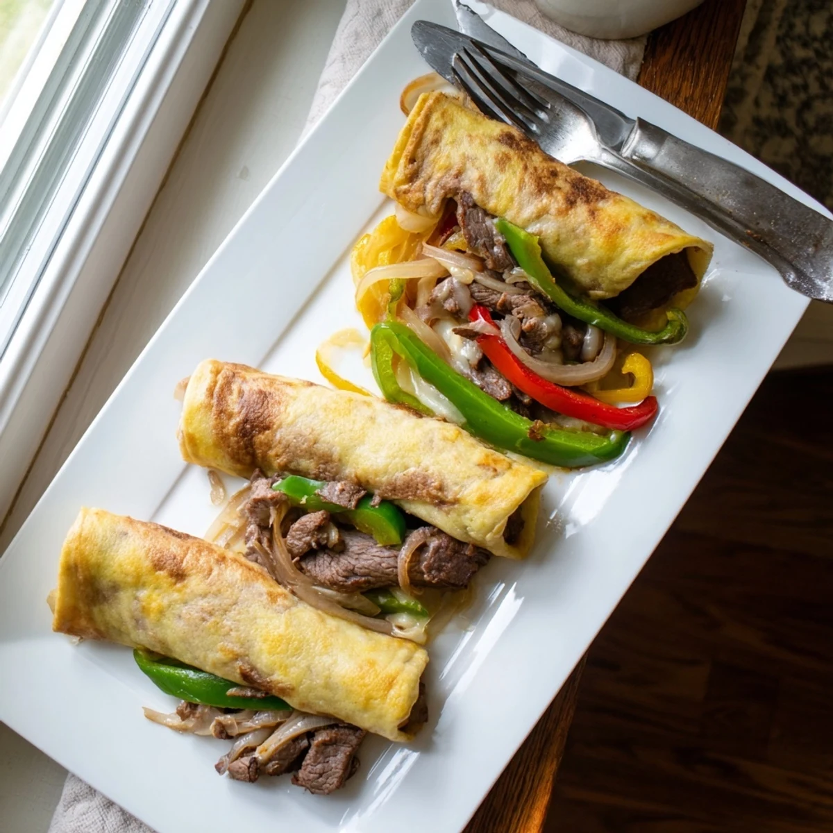 Plate of Ultimate Keto Philly Cheesesteak Rolls with fresh salad, showing cheesy interior and golden keto dough crust.