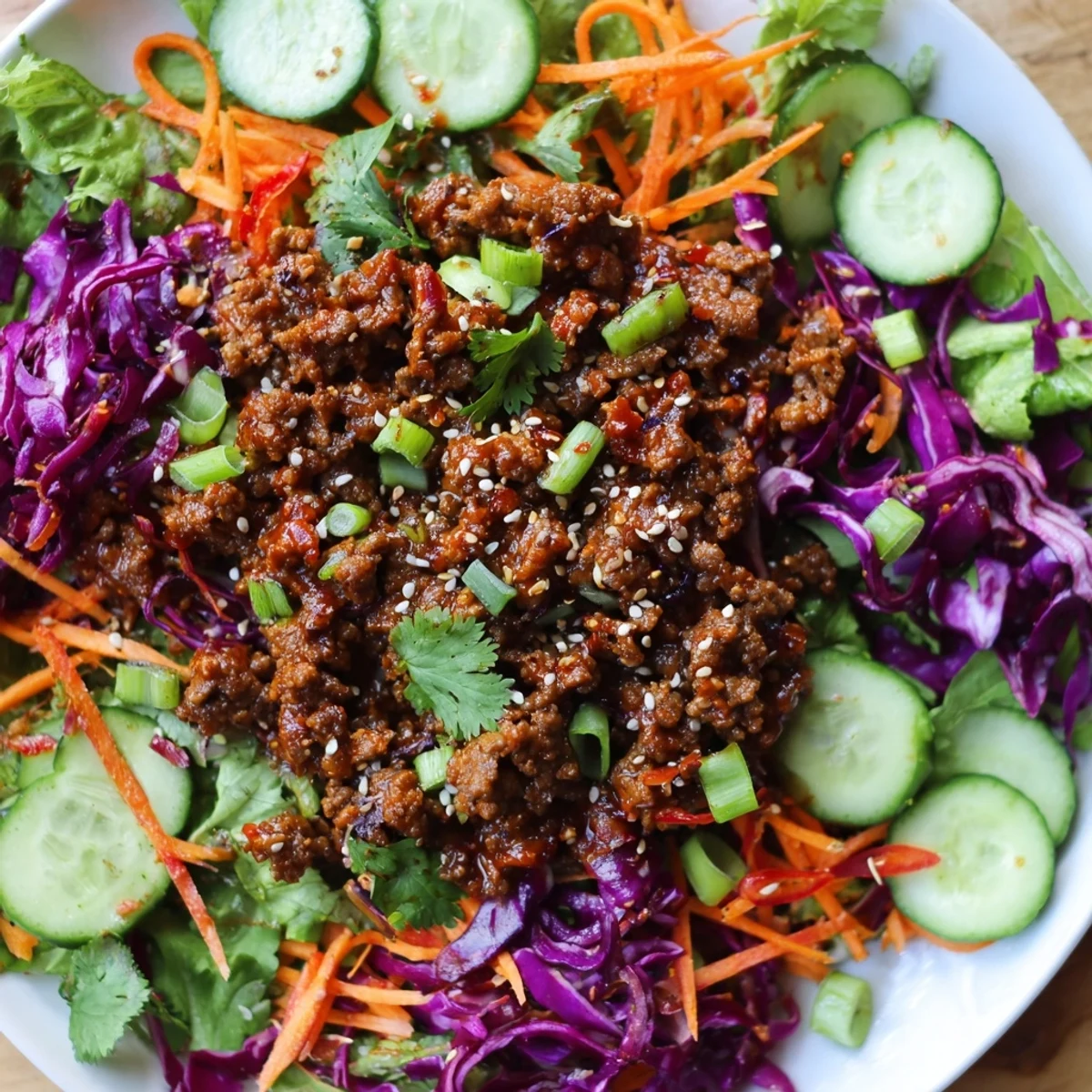 Satisfy Your Cravings Spicy Keto Korean Ground Beef Salad served in a white bowl with vibrant red cabbage and cucumbers.