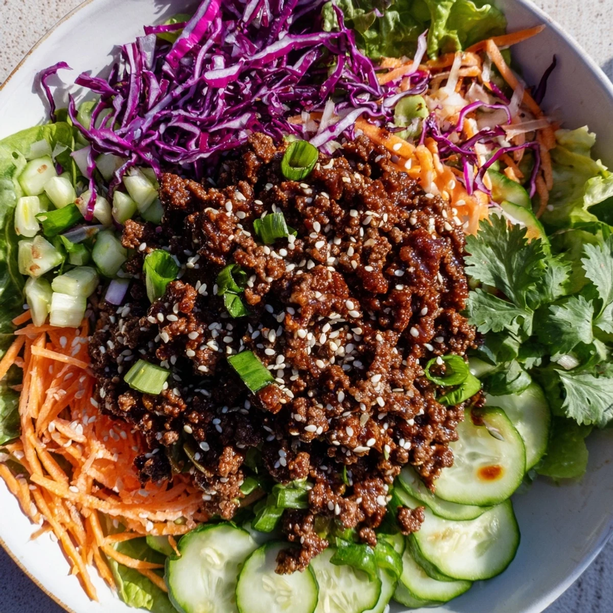 Hot Satisfy Your Cravings Spicy Keto Korean Ground Beef Salad topped with sesame seeds and fresh green onions.