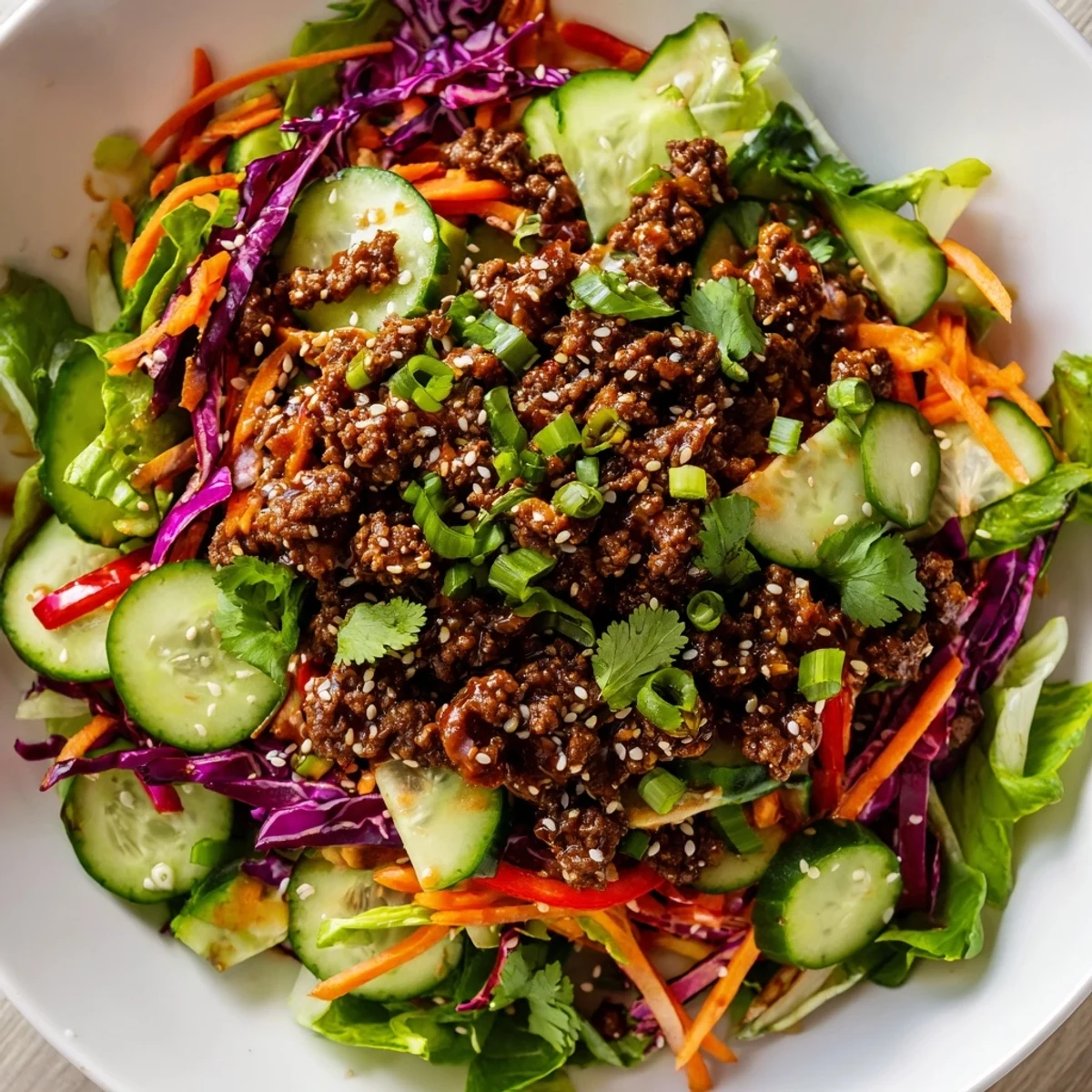 A close-up of Satisfy Your Cravings Spicy Keto Korean Ground Beef Salad featuring tender beef and colorful keto-friendly vegetables.