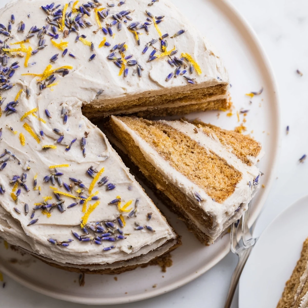 London Fog Cake with Earl Grey & Lavender cut to reveal tender crumb, garnished with dried lavender buds on a white plate.