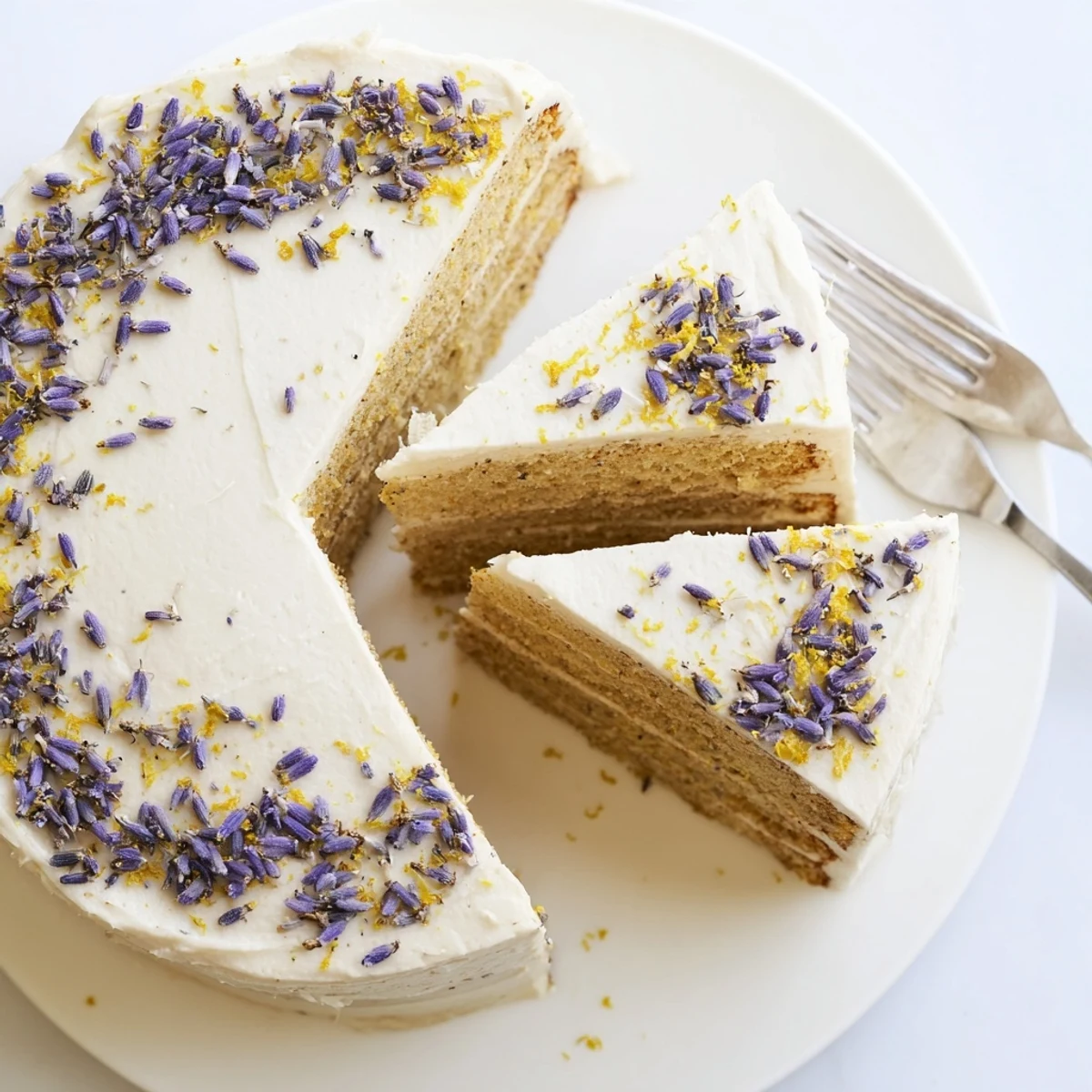 A slice of London Fog Cake with Earl Grey & Lavender layered with creamy vanilla bean frosting and a dusting of lemon zest.