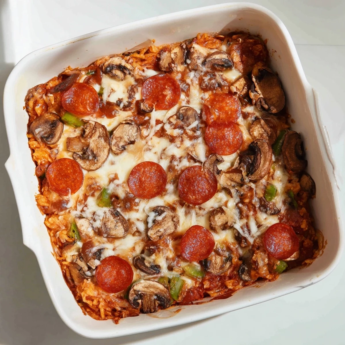 A slice of Easy Low Carb Keto Crustless Pizza Casserole shows melted mozzarella, golden pepperoni, and savory sausage on a plate with a salad.