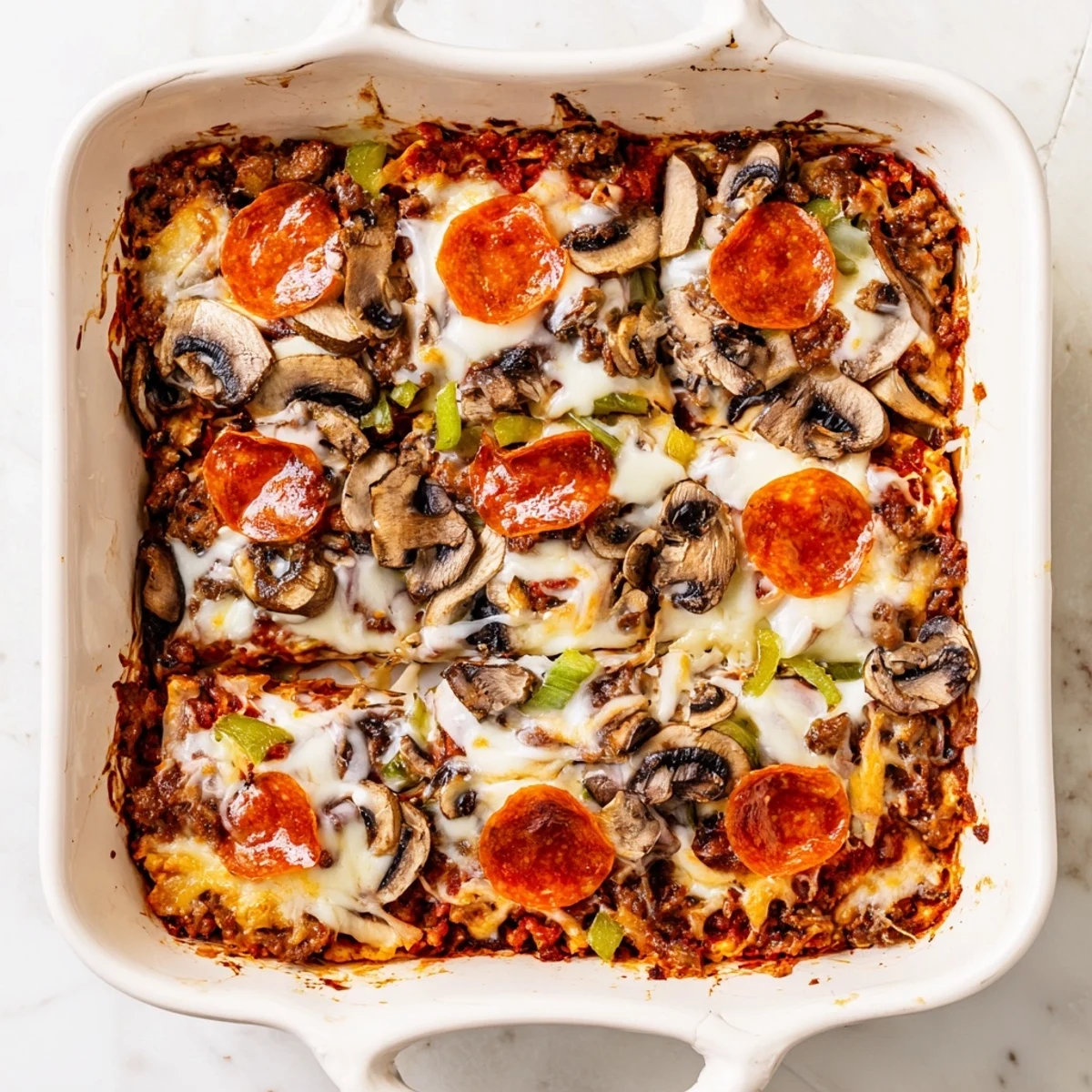 Close-up of Easy Low Carb Keto Crustless Pizza Casserole with bubbly cheese and rich pizza sauce, ready to serve alongside a crisp green salad.
