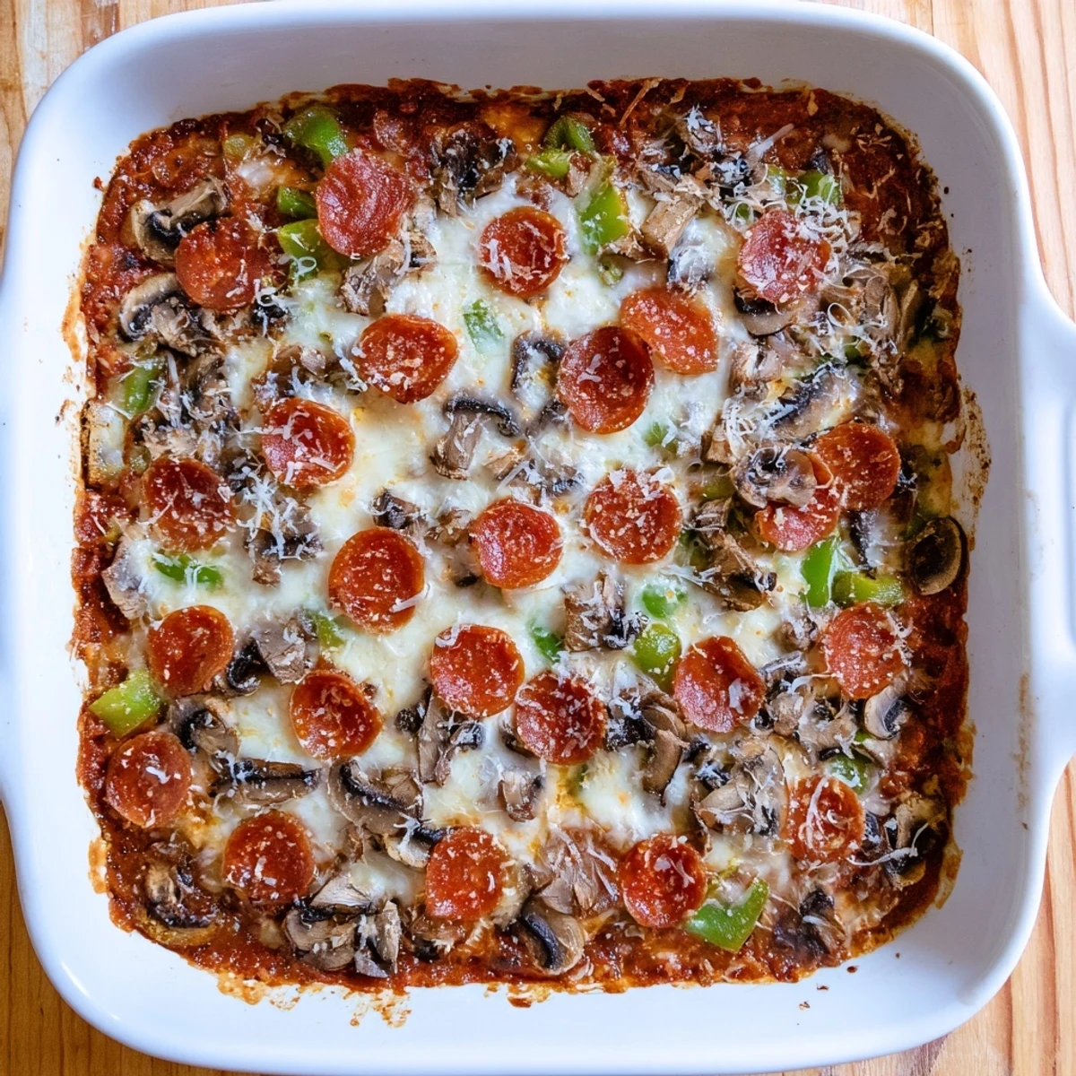 Steaming Easy Low Carb Keto Crustless Pizza Casserole in a white baking dish, loaded with cheddar, mushrooms, and bell peppers for a gluten-free weeknight dinner.