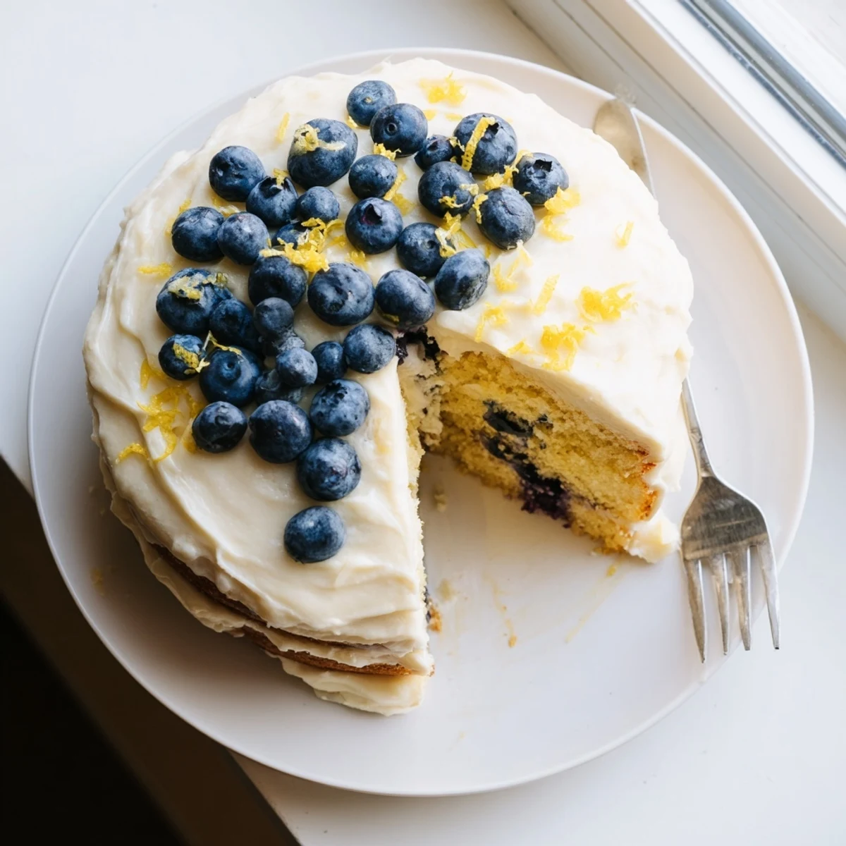 Freshly baked Lemon Blueberry Cake with Cream Cheese Frosting, moist crumb and burst blueberries on a white plate.