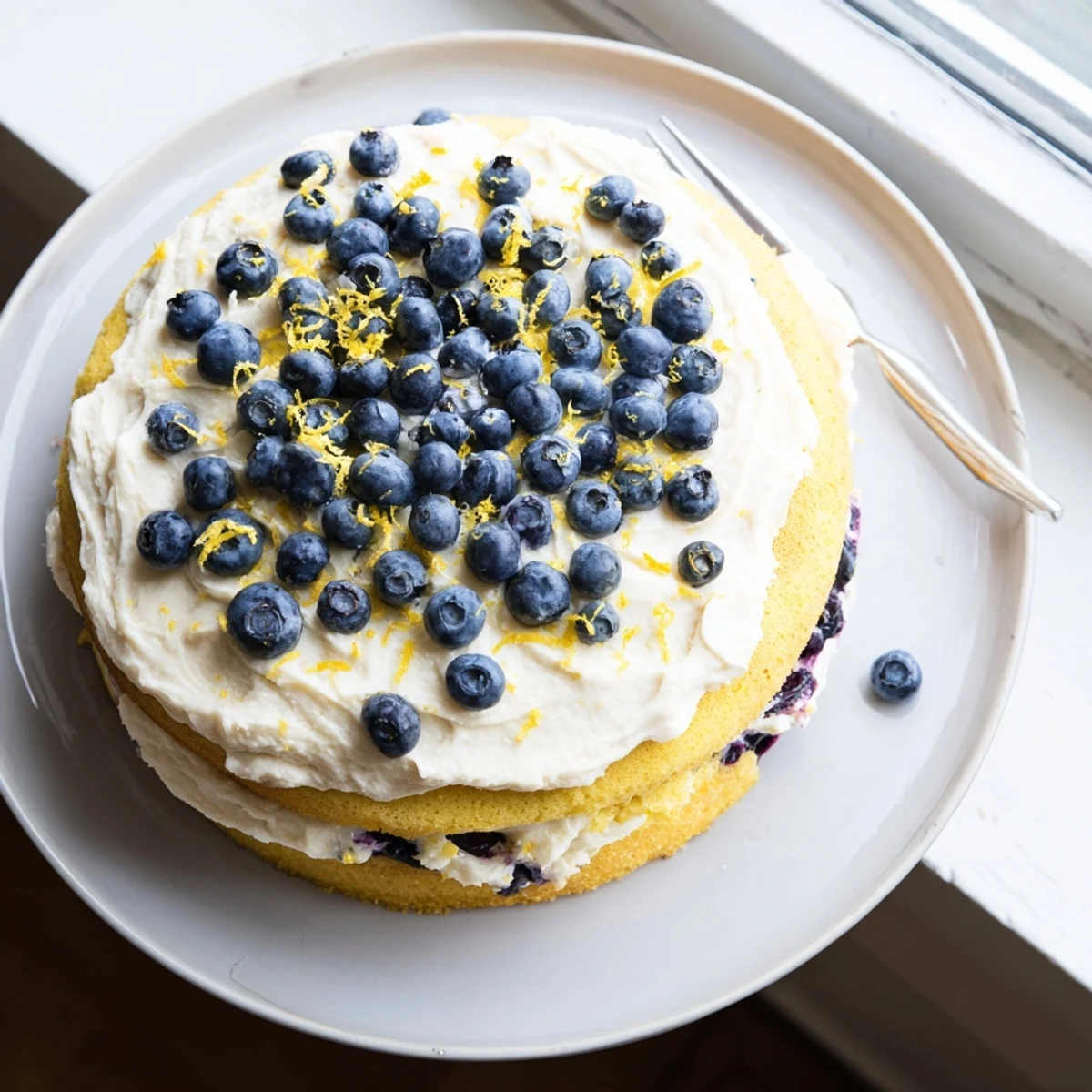 Sliced piece of Lemon Blueberry Cake with Cream Cheese Frosting, luscious frosting swirls and berry garnish for spring gatherings.
