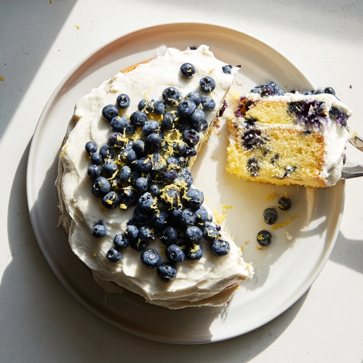 Homemade Lemon Blueberry Cake with Cream Cheese Frosting, zesty lemon glaze drip and vibrant blueberries for summer dessert table.