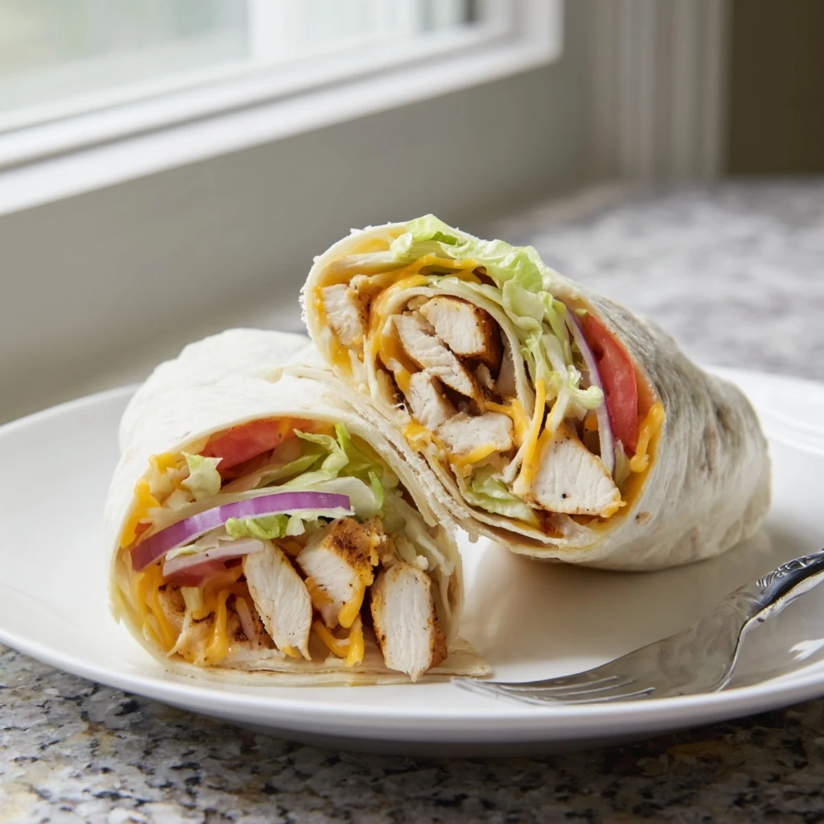 Golden-brown Cheesy Garlic Chicken Wraps sit on a rustic wooden board beside fresh tomato and lettuce garnish.  