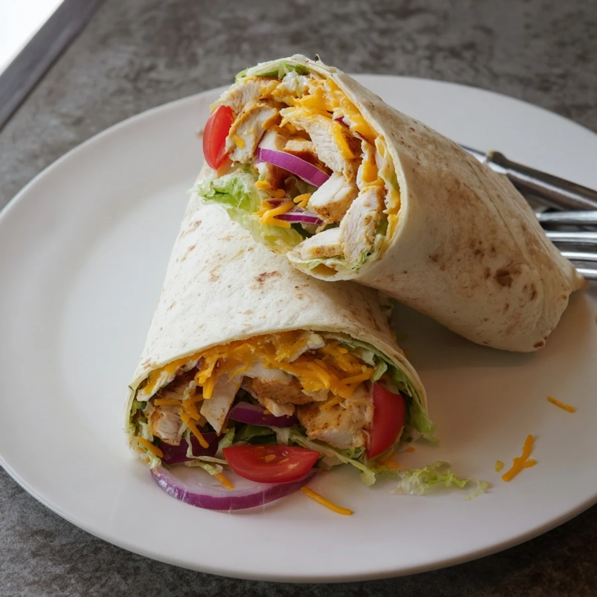 Close-up of a sliced Cheesy Garlic Chicken Wrap revealing melted cheese and juicy garlic chicken strips inside.  