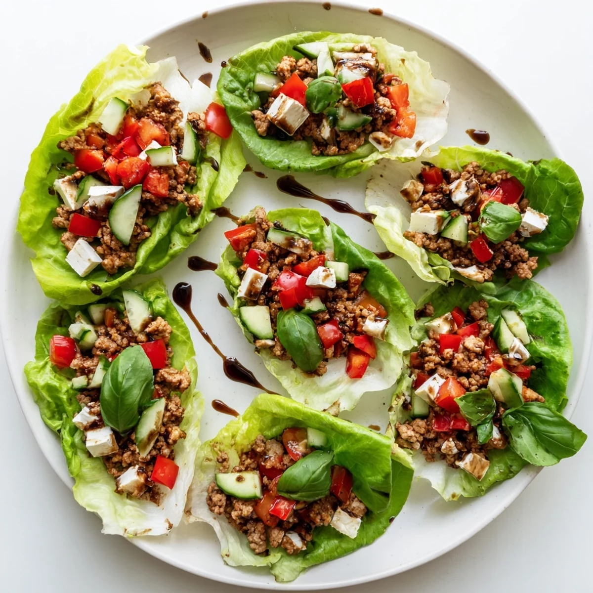 Vibrant Italian Lettuce Wraps featuring seasoned turkey, fresh tomatoes, mozzarella, and basil on crisp lettuce leaves.
