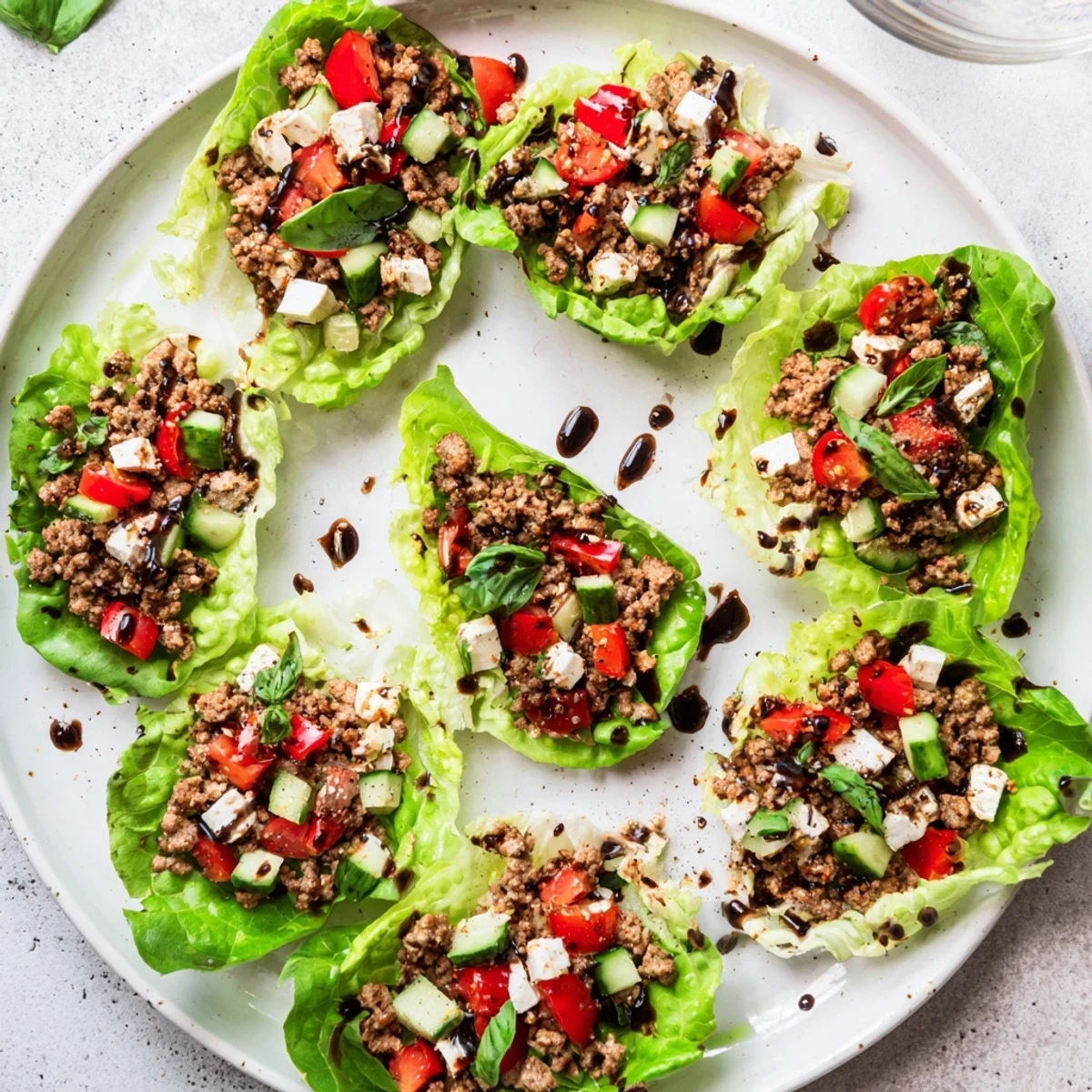 A close-up of delicious Italian Lettuce Wraps filled with juicy ground turkey and melted mozzarella cheese.
