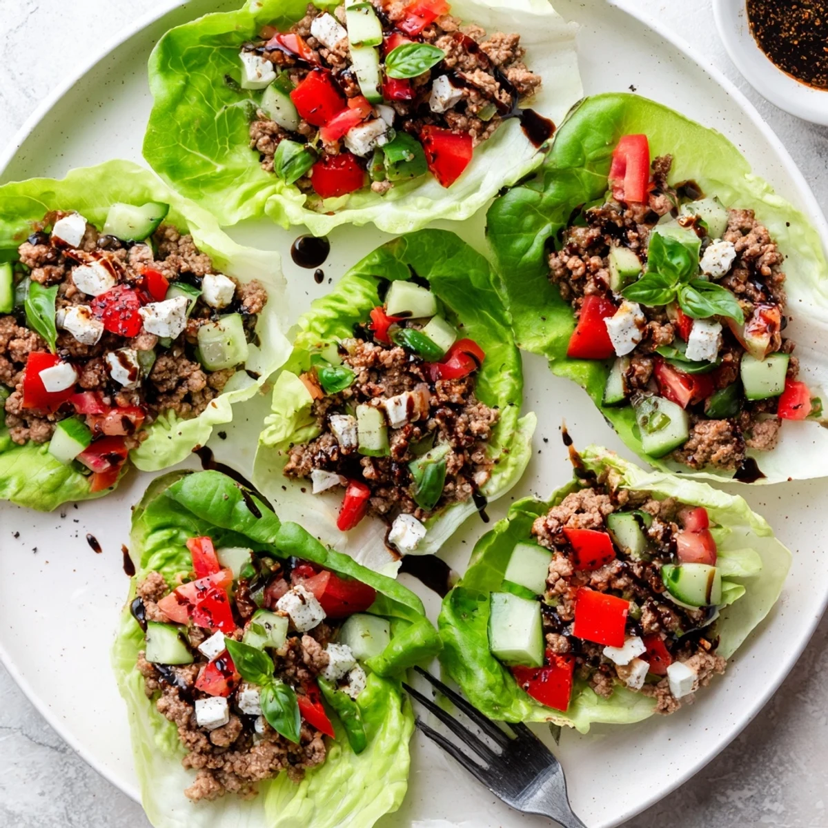 This image shows a platter of easy Italian Lettuce Wraps with savory turkey and colorful vegetable toppings.