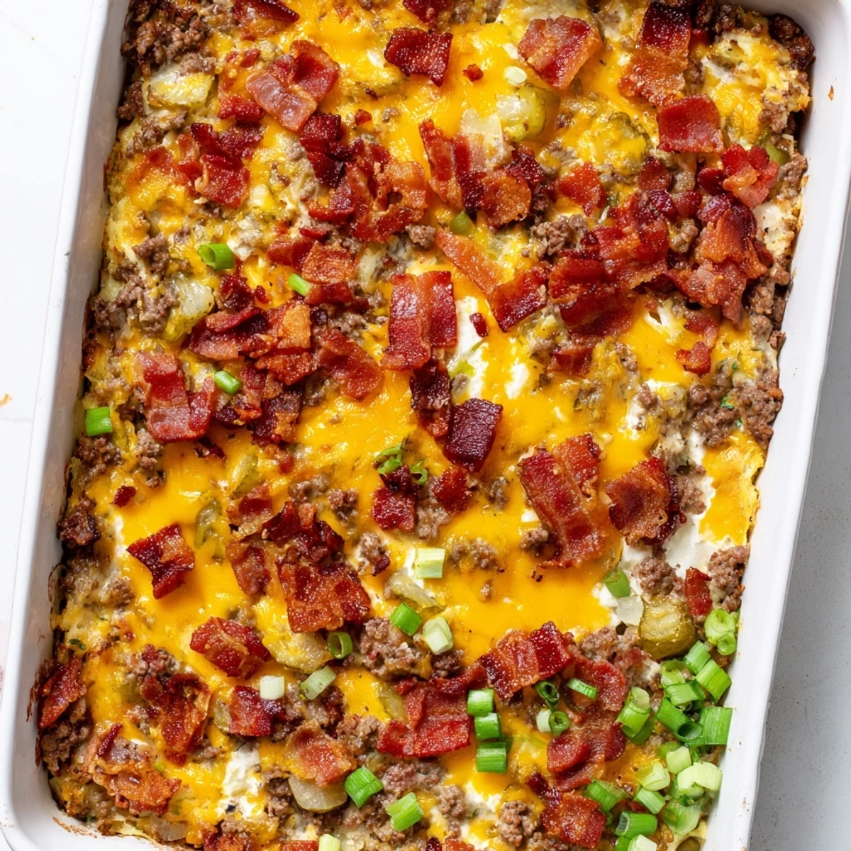 Golden brown Low Carb Bacon Cheeseburger Casserole bubbling in a dish with melted cheddar and crispy bacon on top.