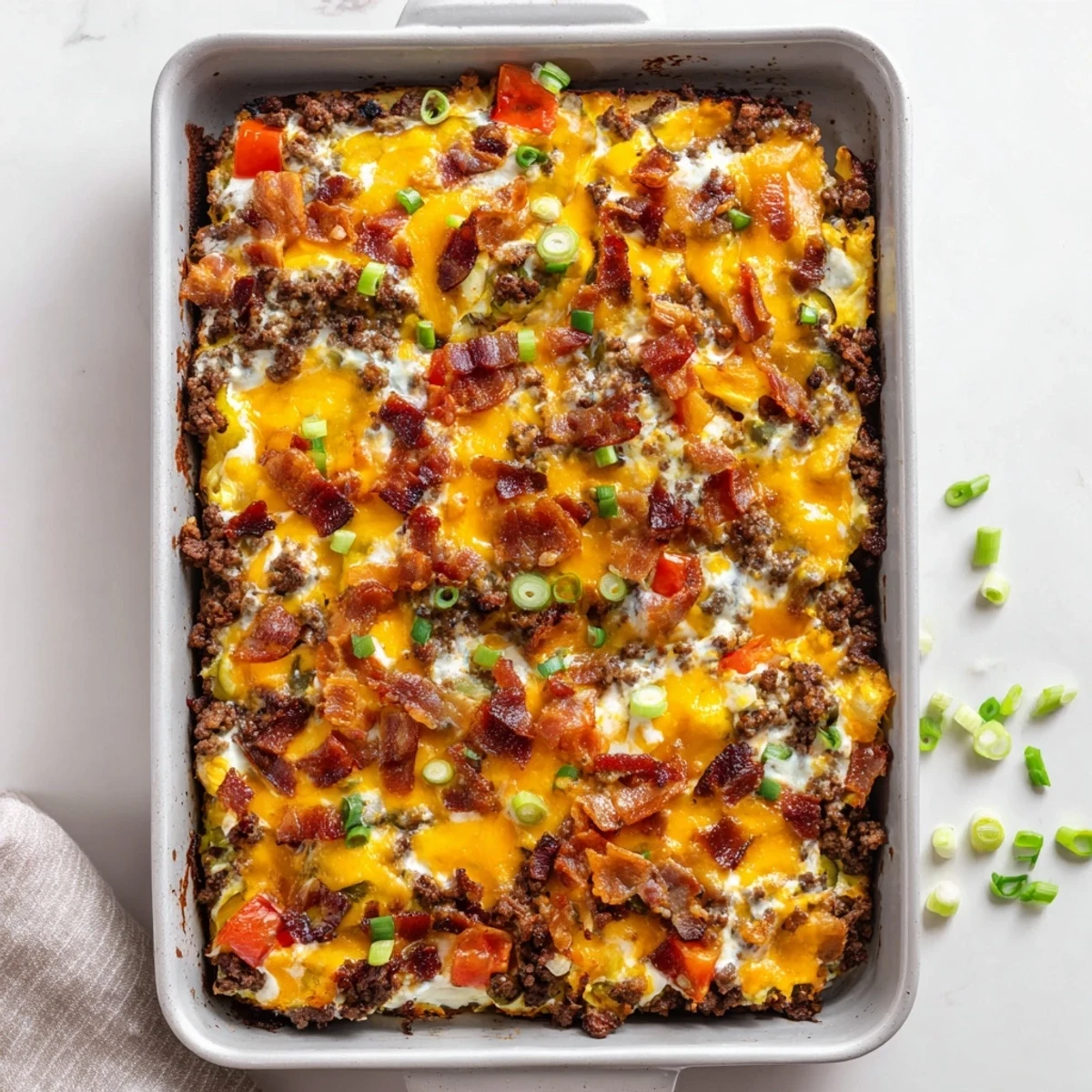 A hearty slice of Low Carb Bacon Cheeseburger Casserole served on a plate with a side of fresh dill pickles.