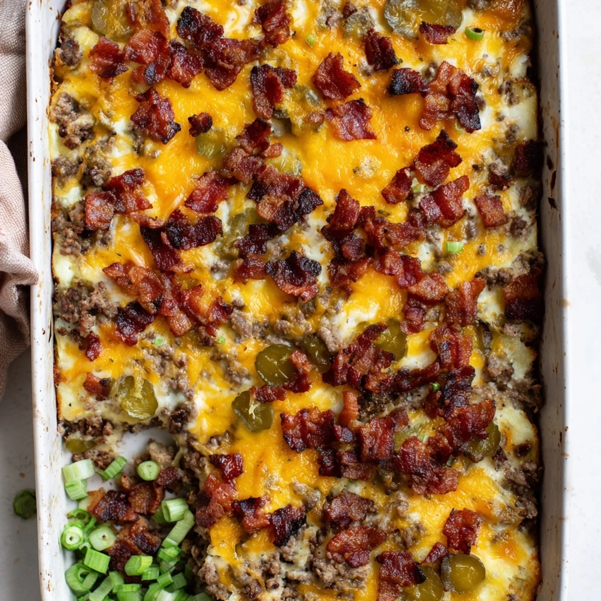 Close-up view of Low Carb Bacon Cheeseburger Casserole showing creamy layers, ground beef, and a golden cheesy crust.