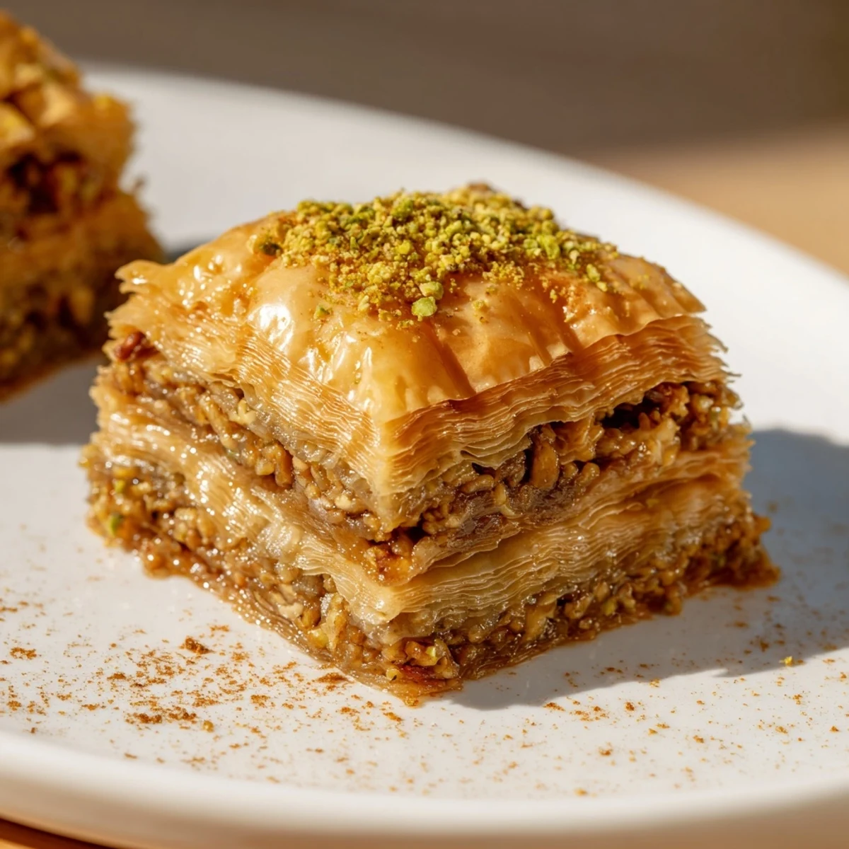 Freshly poured honey syrup over warm Greek Baklava in a baking dish.