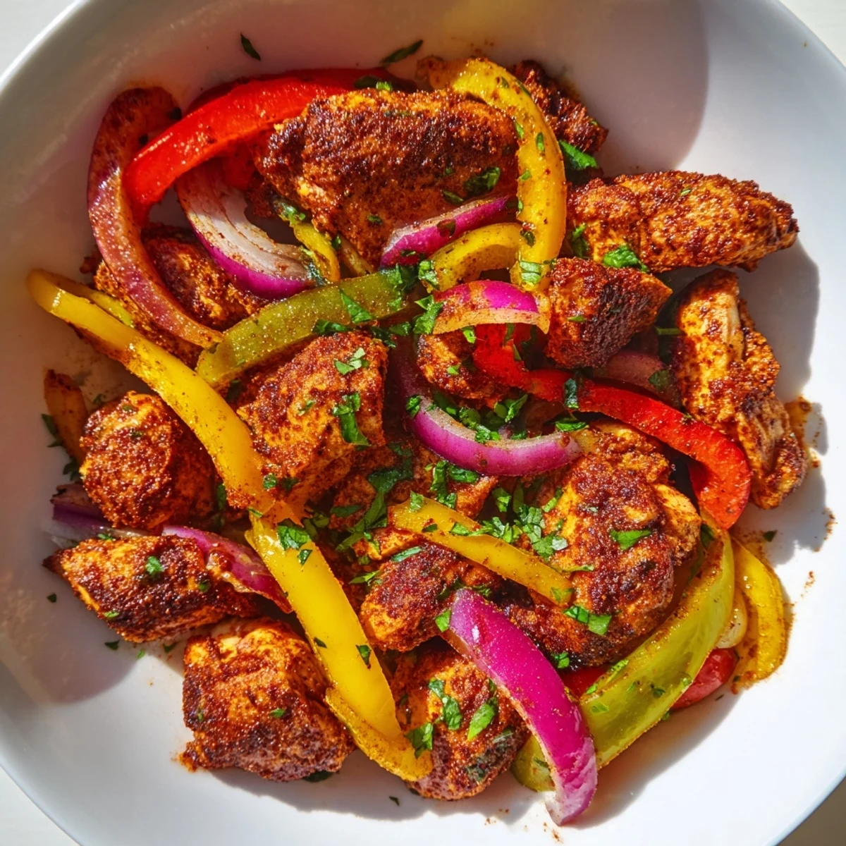 Golden-brown Cajun Chicken Bell Peppers Spicy Delight served hot, featuring vibrant red, yellow, and green peppers in a sizzling skillet.