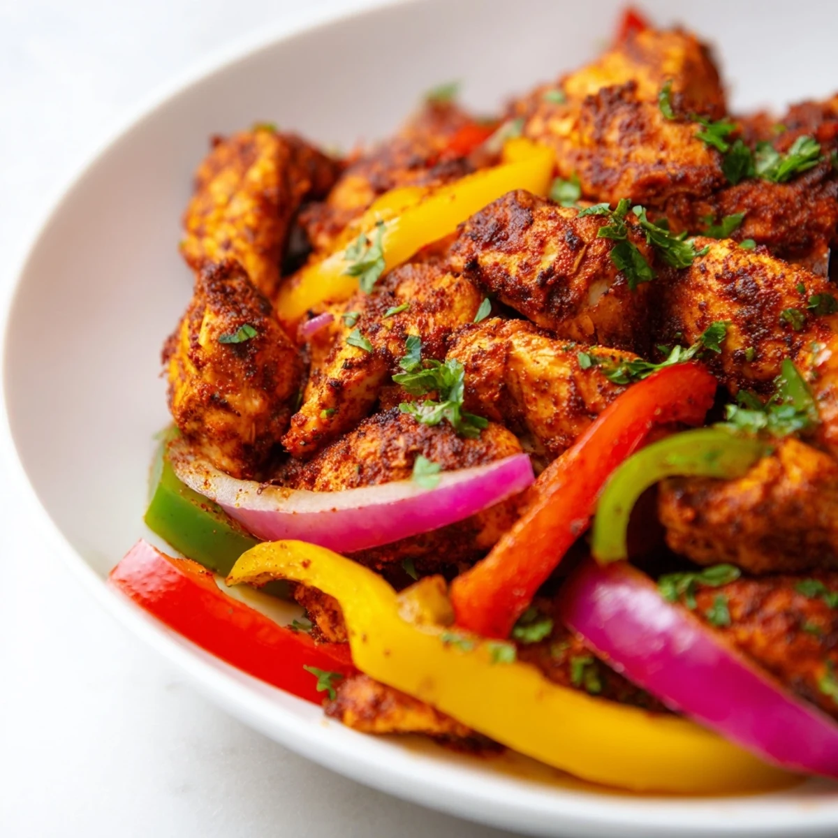 A colorful serving suggestion for Cajun Chicken Bell Peppers Spicy Delight, plated alongside fluffy steamed rice for a complete meal.