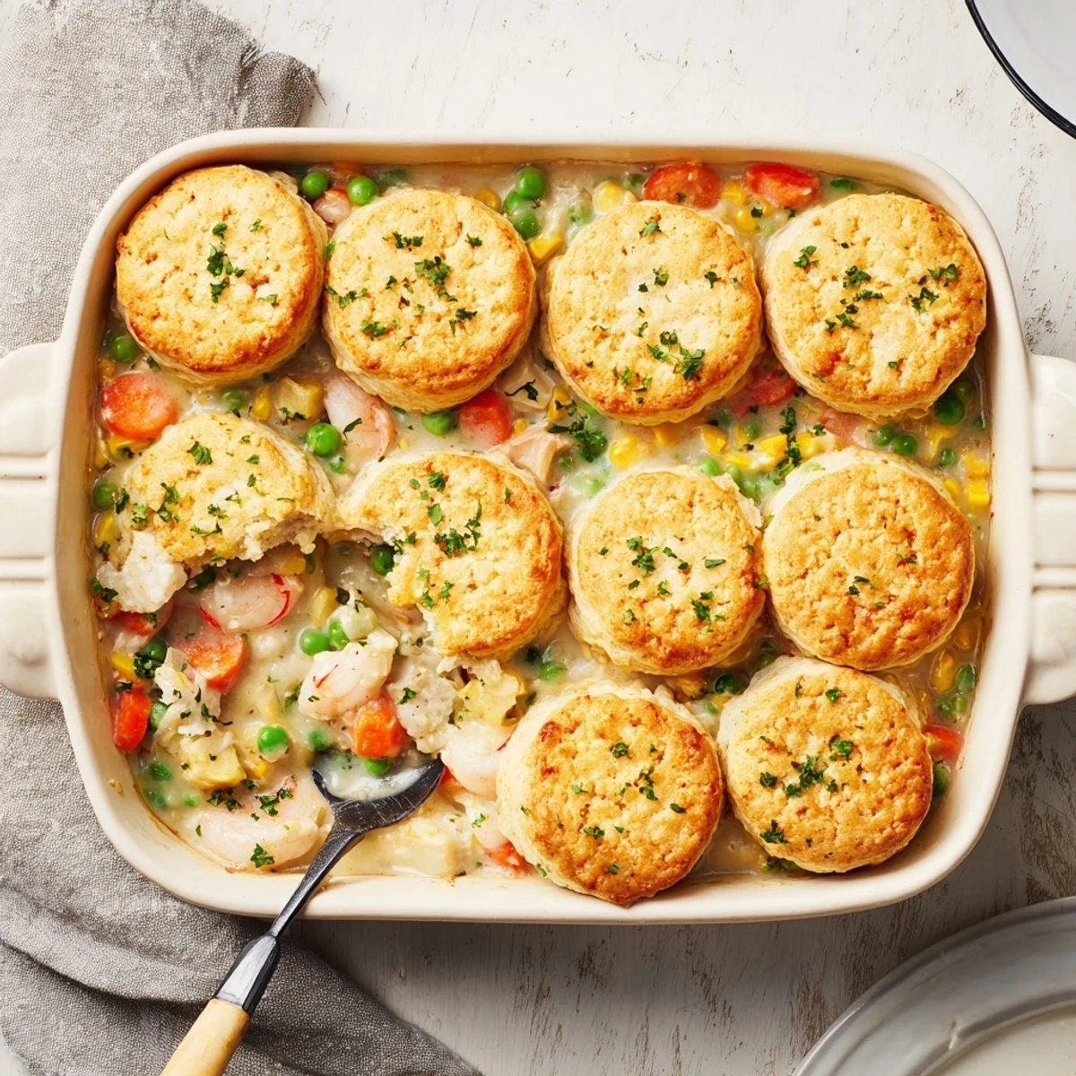 Seafood Pot Pie with Cheddar Bay Biscuit Topping on a rustic table, showcasing flaky biscuits and a rich seafood stew.
