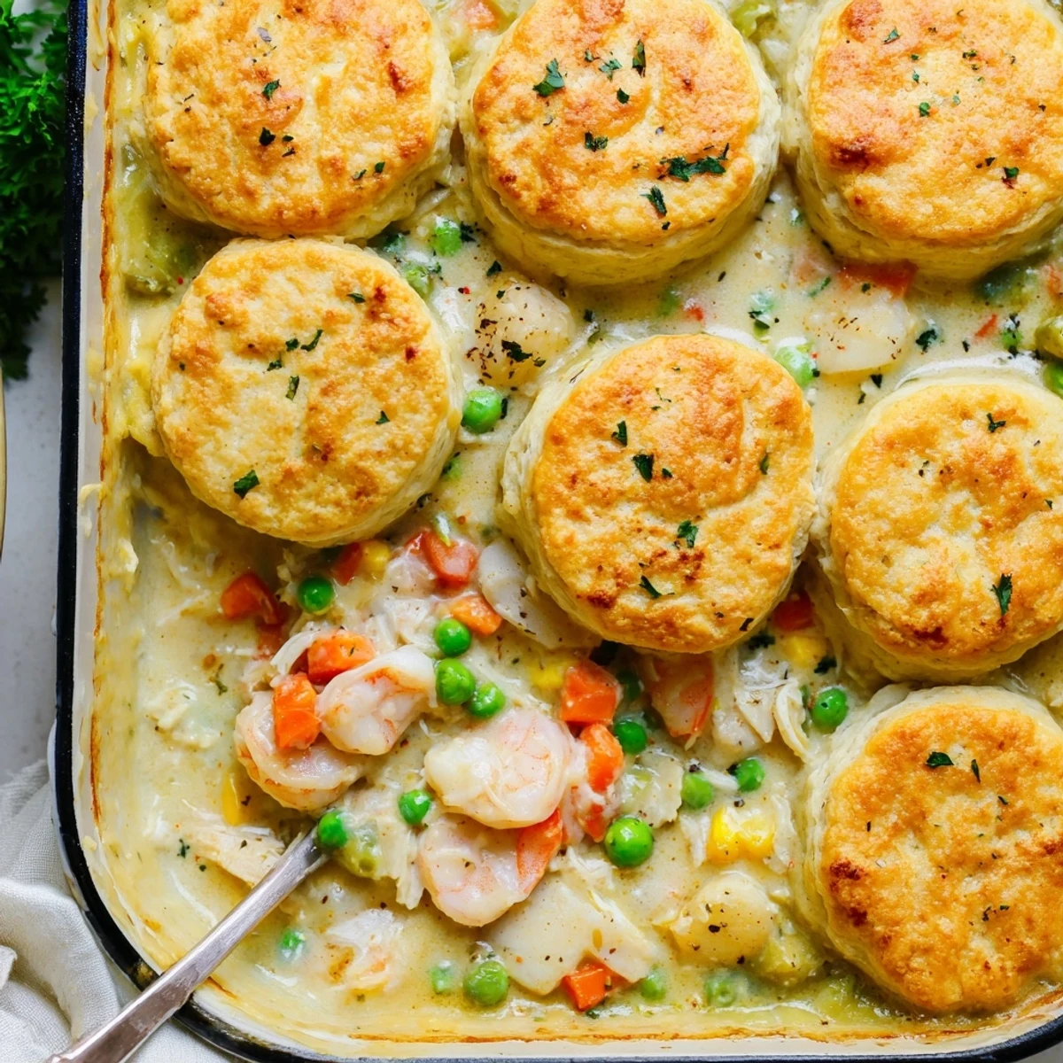 Bubbling Seafood Pot Pie with Cheddar Bay Biscuit Topping, served in a skillet with melted cheese and fresh parsley garnish. 