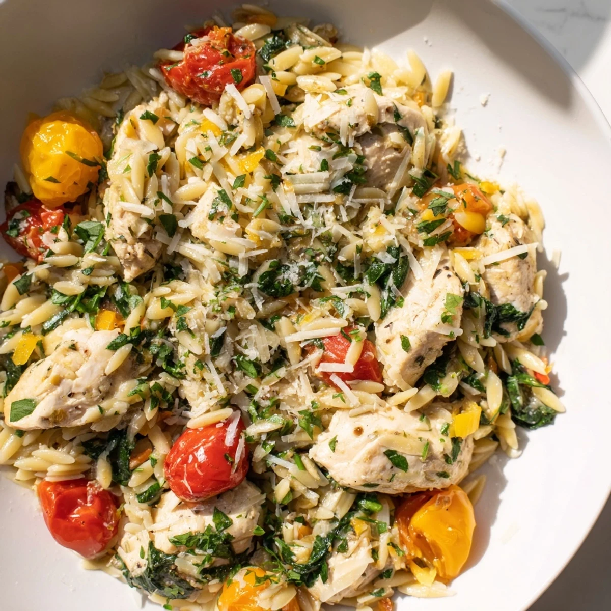 Golden-brown chicken pieces, cherry tomatoes, and spinach nestled in creamy High Protein Chicken Orzo, garnished with fresh parsley in a white skillet.