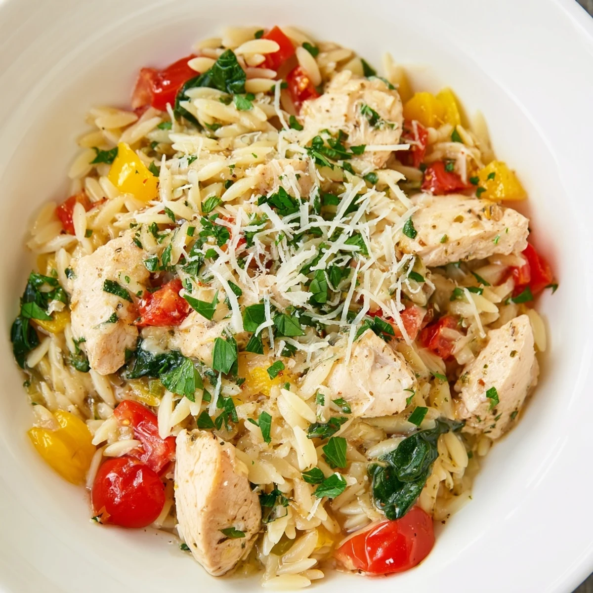 Serving suggestion of High Protein Chicken Orzo on a plate, with lemon wedges and a sprinkle of herbs for a fresh finish.