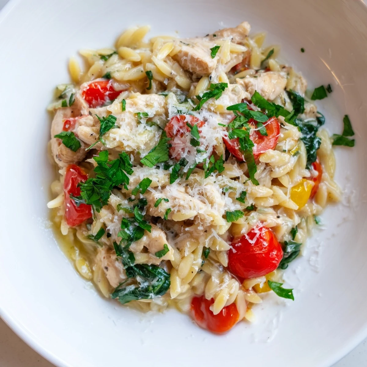 Close-up of the High Protein Chicken Orzo with steaming sauce, melted Parmesan, and vibrant red bell pepper and onion pieces visible.