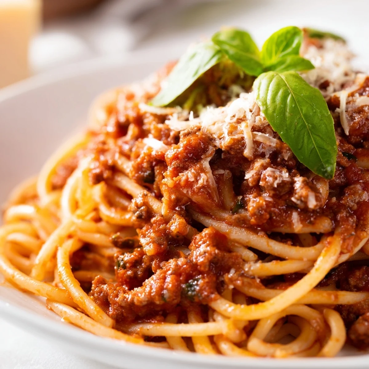 Steaming bowl of The Bear Spaghetti topped with fresh basil and grated Parmesan cheese.