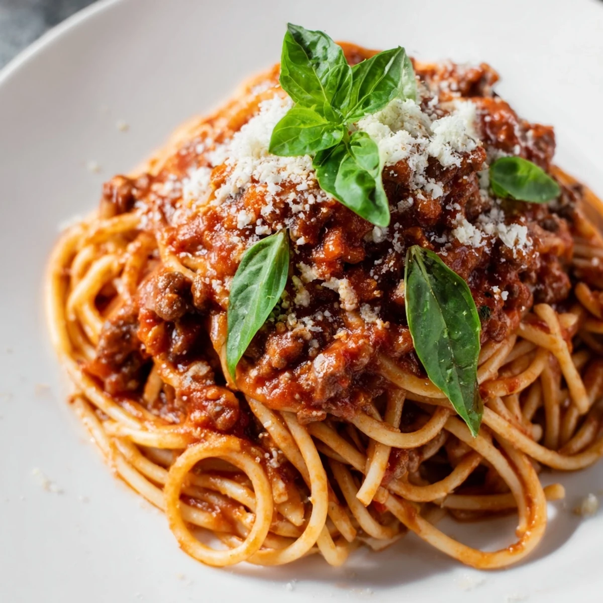 Warm plate of The Bear Spaghetti with a side of garlic bread for dipping.