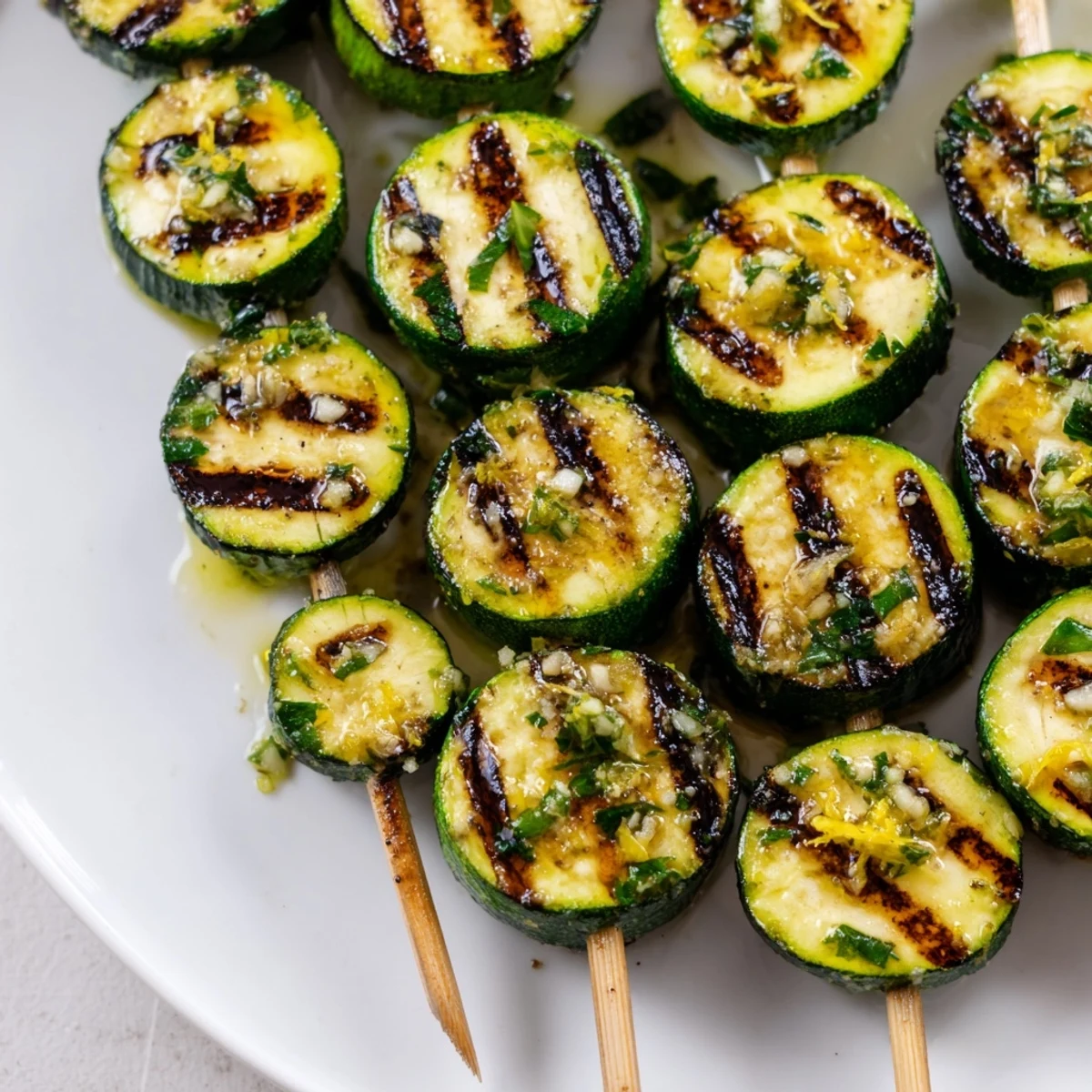 Grilled Garlic Butter Zucchini Skewers glistening with golden edges, aromatic herbs, and lemon zest on a rustic serving platter.  