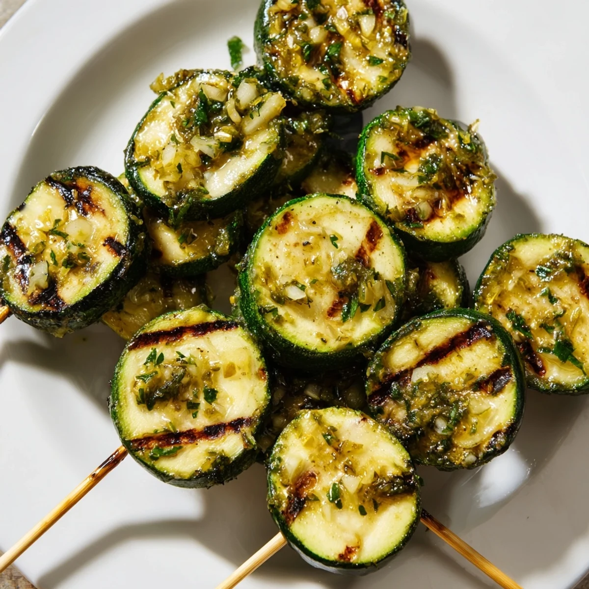 Juicy Garlic Butter Zucchini Skewers fresh off the grill, brushed with fragrant butter and garnished with fresh parsley.
