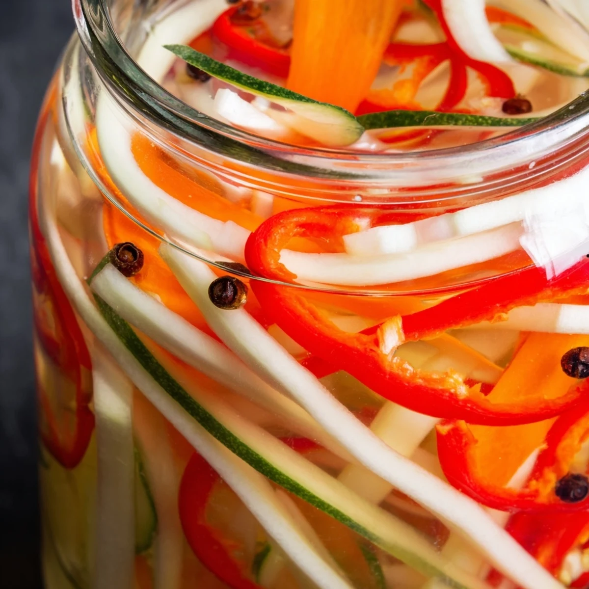 A close-up of the Vietnamese Vegetable Pickle Medley with colorful bell pepper and cucumber slices, ready for a banh mi sandwich.