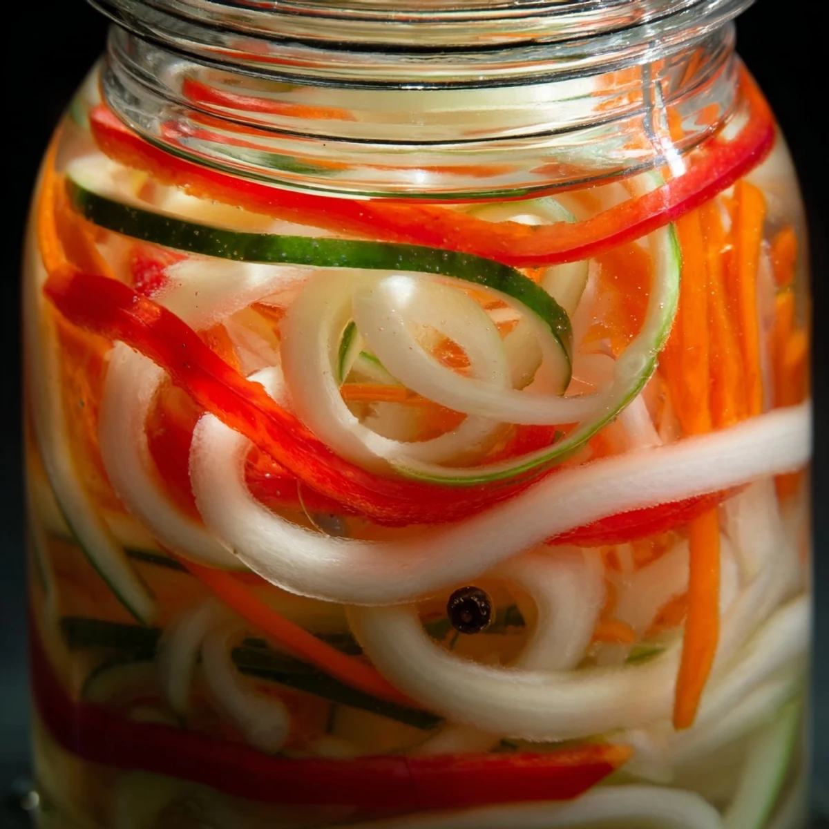Vibrant Vietnamese Vegetable Pickle Medley in a glass jar, featuring crisp julienned carrots and daikon bathed in tangy brine.