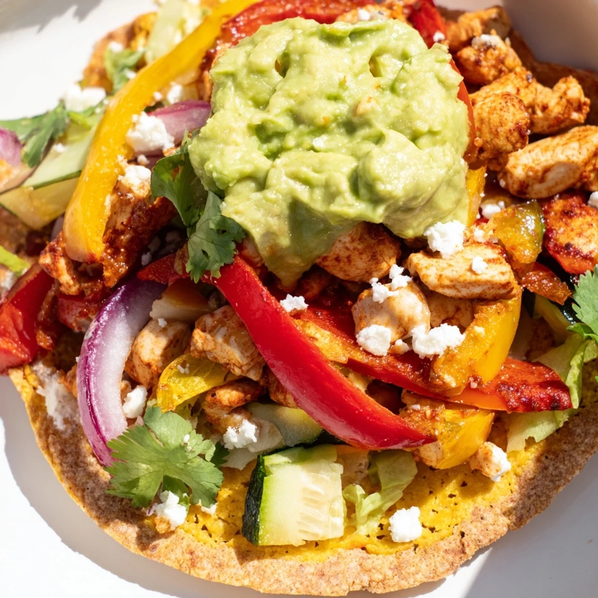 A vibrant serving of Chicken Veggie Tostadas With Guacamole, featuring shredded lettuce and crumbled queso fresco toppings.