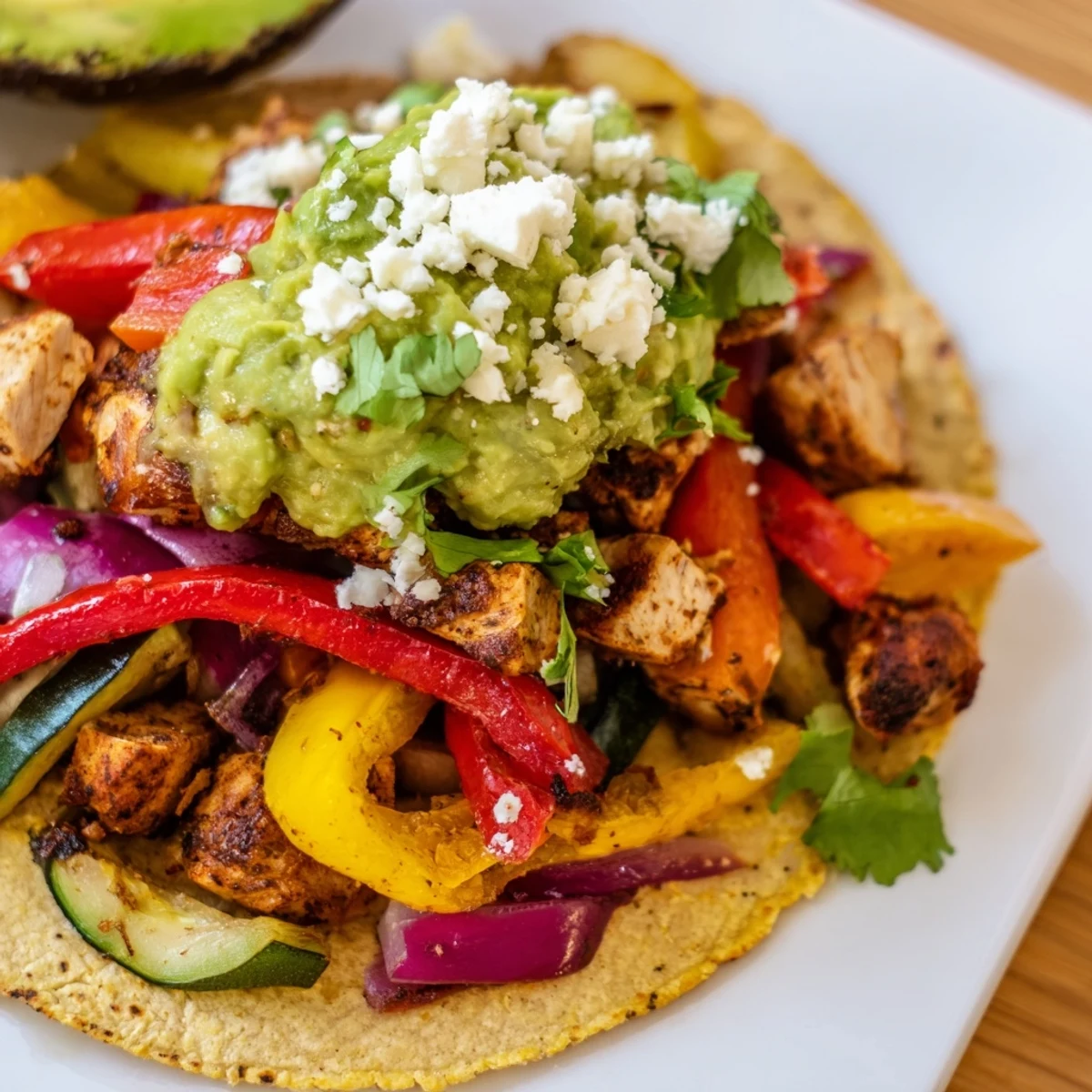 Freshly assembled Chicken Veggie Tostadas With Guacamole showcasing golden chicken, tender zucchini, and a zesty lime wedge garnish.