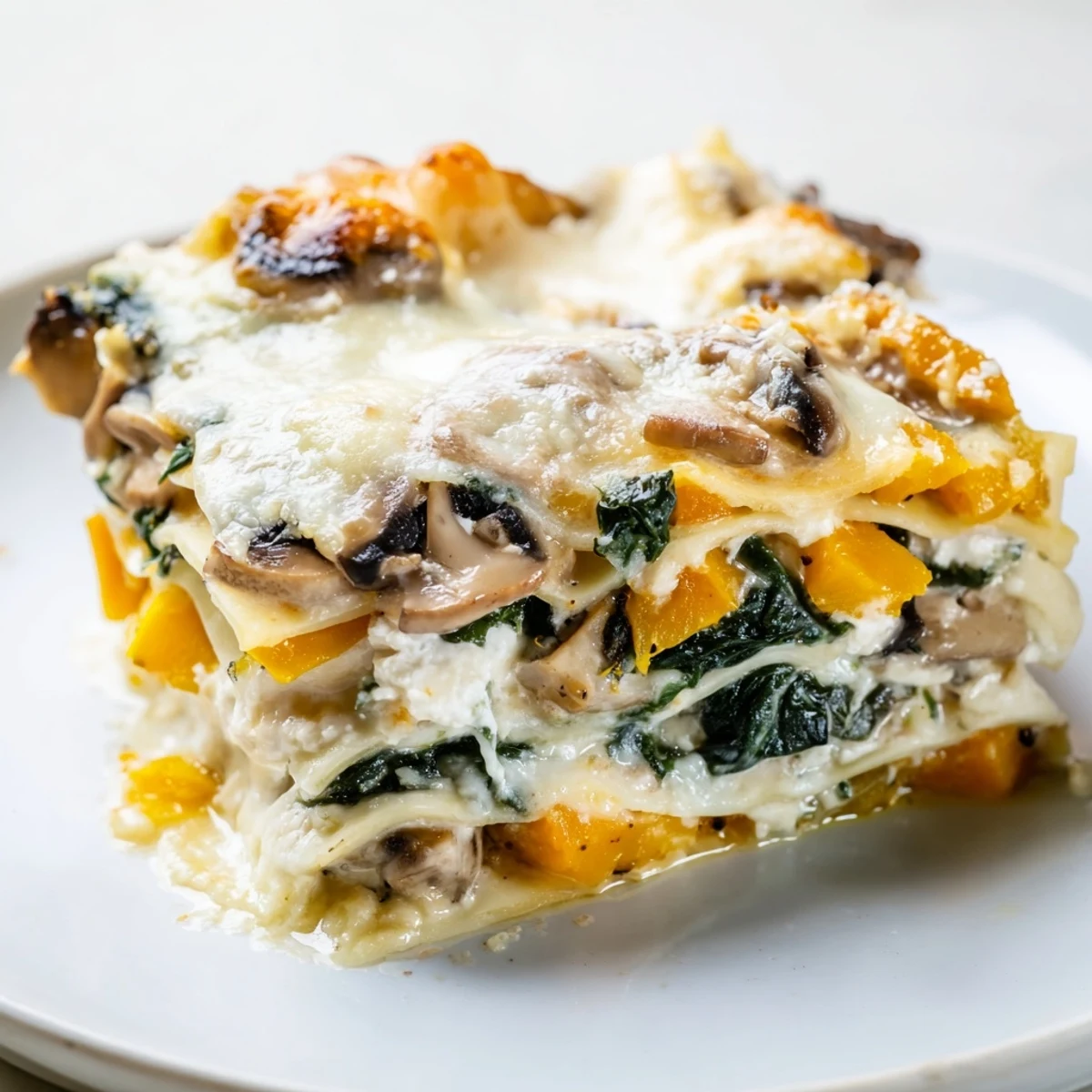 Golden-brown butternut squash, spinach, and mushroom lasagna slices topped with fresh basil leaves on a rustic wooden table.